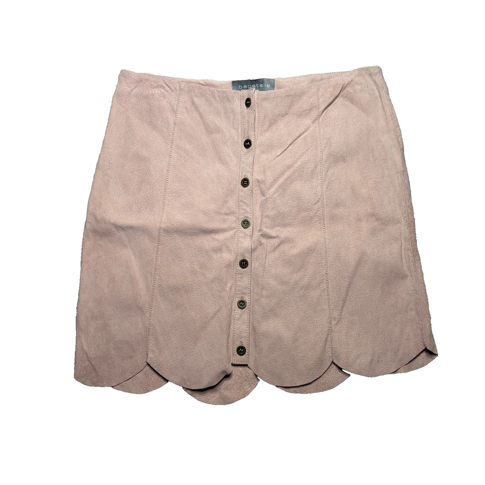 Bagatelle Mini Skirt Womens M Pink Leather Suede Scalloped Hem Button Front Boho